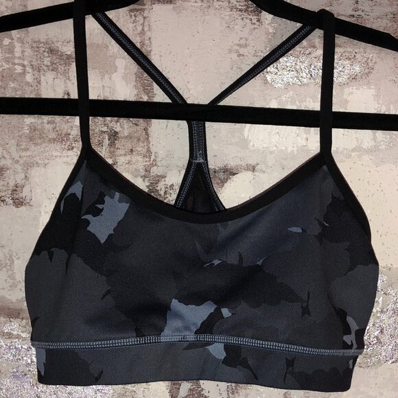 LULULEMON Black Gray Camo Flow Y Mesh Panel Razor Back Sports Bra Size 6 - Picture 2 of 16